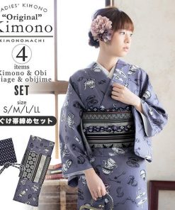 KIMONOMACHI 洗える着物 セット「袷着物：アフタヌーンティー ウィスタリアグレー＋京袋帯：間道 龍と唐花」KIMONOMACHI 4点セット 2023-2024新作 (メール便不可)ss2509kck10