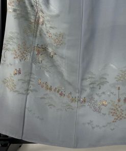 付下げ 身丈160cm 裄丈66cm M 袷 百貫 落款あり 人物 松 刺繍 金糸 青灰色 正絹 秀品 中古