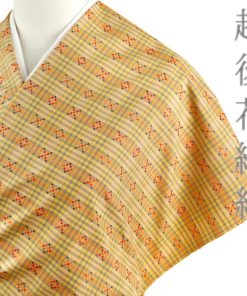 花織紬 反物 正絹 信州 伝統工芸品 黄色 橙色 赤 格子 菱 チェック 最同人会謹製 未仕立て お洒落着 シンプル カジュアル 大正 No.4-0639